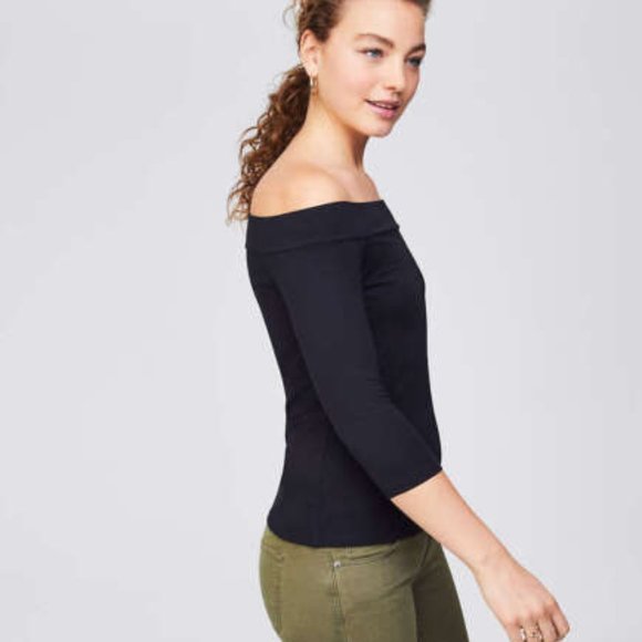 Black Off Shoulder Form-fitting Cotton Top 3/4 Sleeves by LOFT - NWTS! LP - Picture 1 of 7